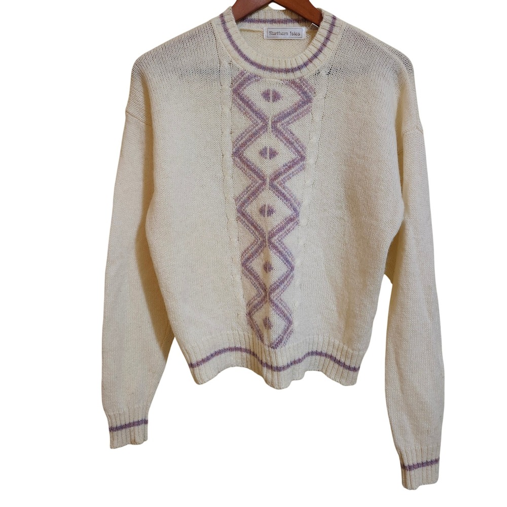 Northern Isles Womens Large Sweater Cream Purple Knit Diamond Pattern Crew‎ Neck